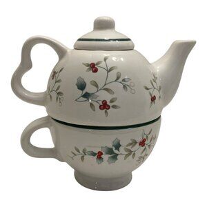 Pfaltzgraff WINTERBERRY 16 oz Tea-For-One TEAPOT, LID & TEACUP,  1991 Vintage